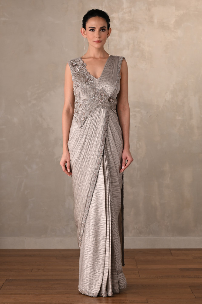Moonlight Mist Embellished Satin Draped Gown