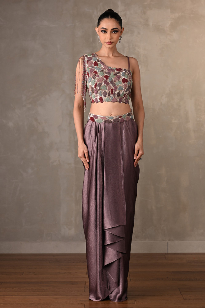 Mauve Embellished Asymmetric Satin Co-Ord Set