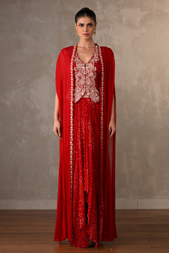 Zardosi Embellished Cape Set With Bandhej Drape Skirt