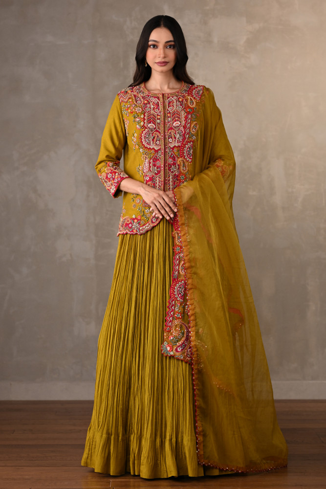 Mustard Rouge Crushed Organza Lehenga Set