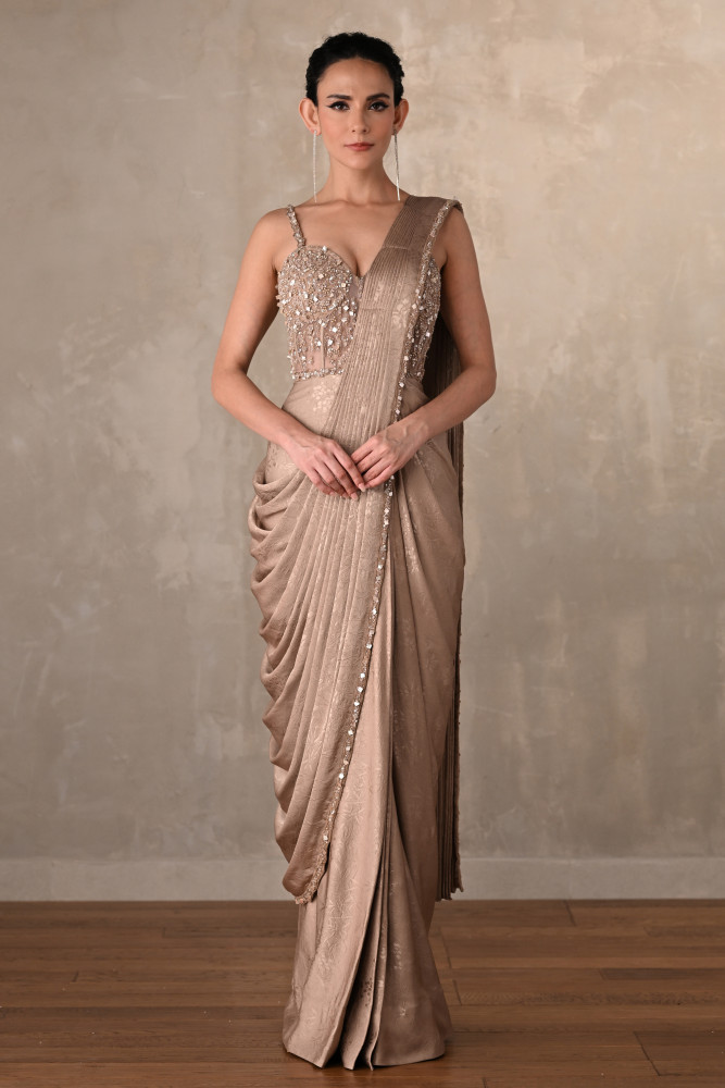 Satin Draped Gown With Embellished Corset