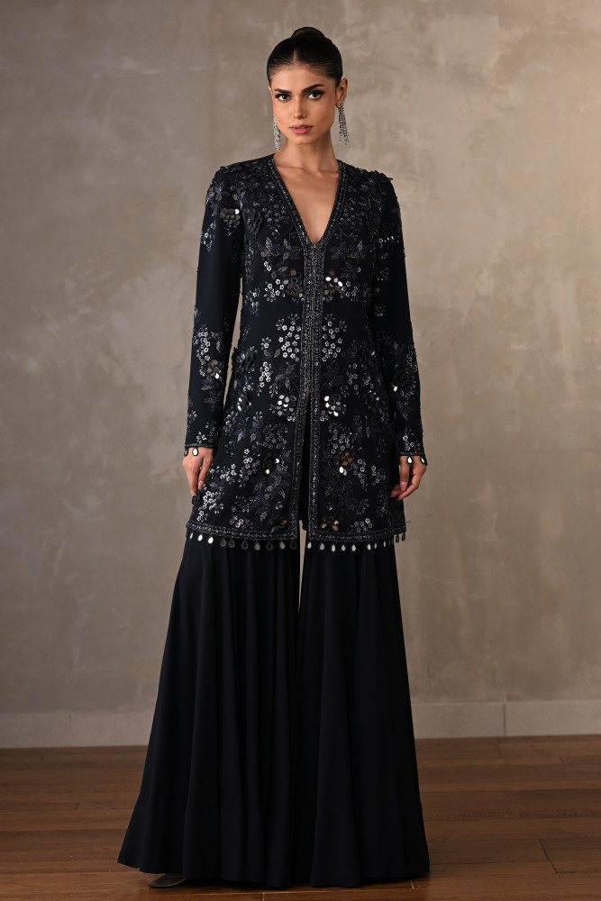 Navy Blue Georgette Embellished Top With Wide-Leg Pants