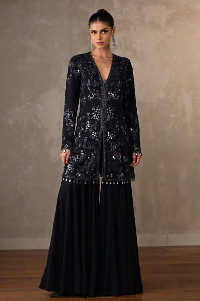 Navy Blue Georgette Embellished Top With Wide-Leg Pants