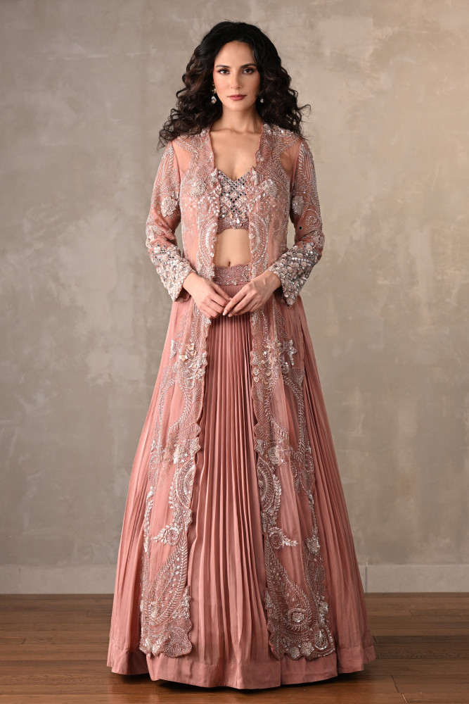 Rosewood Radiance Embellished Skirt Set With Cape