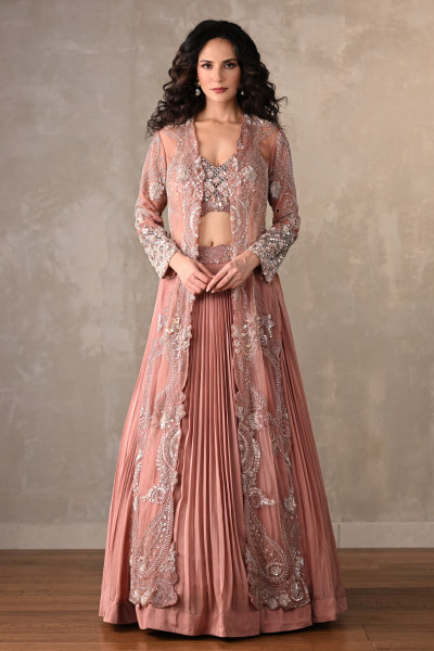 Rosewood Radiance Embellished Skirt Set With Cape