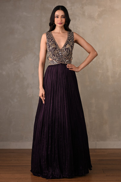 Moss Mirror Embroidered Pleated Gown