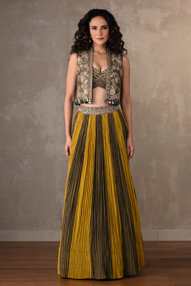 Yellow-Mehndi Luxe Panelled Lehenga Set