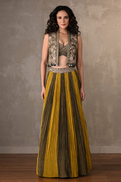 Yellow-Mehndi Luxe Panelled Lehenga Set