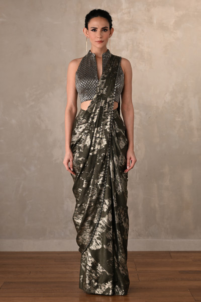 Olive Lustre Foil Drape Saree