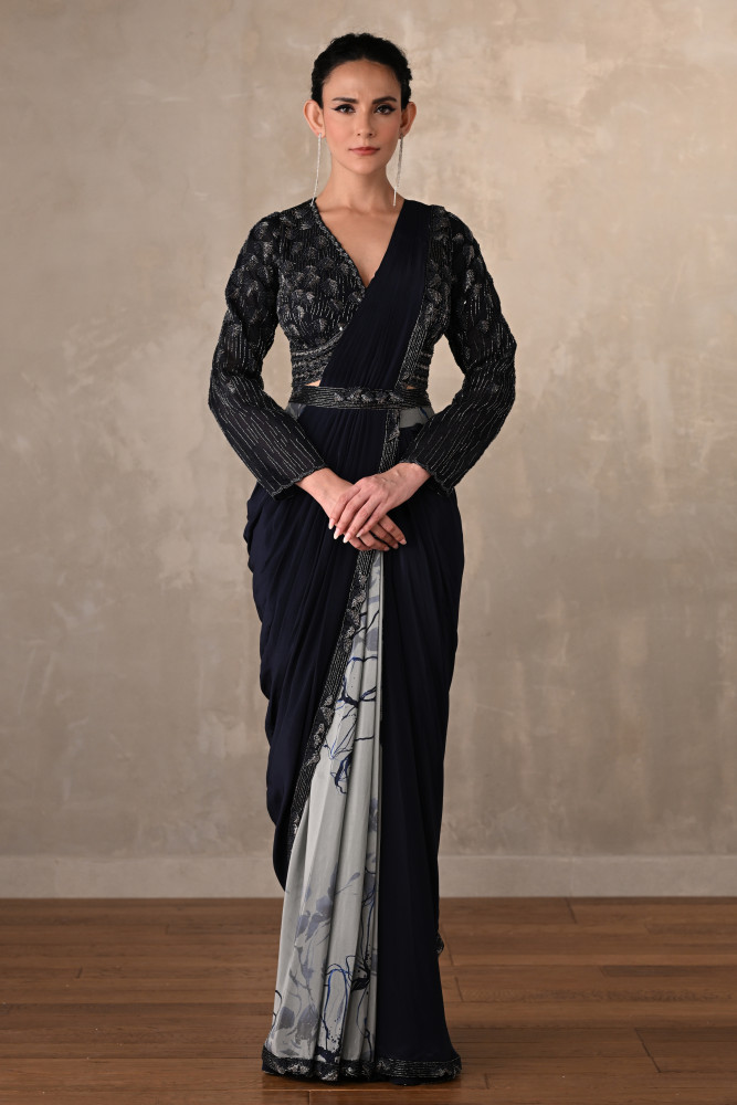Noir Bloom Belted Crepe Drape Saree