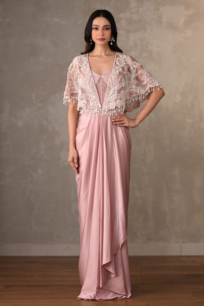 Blush Corset-Style Gown With Embroidered Cape
