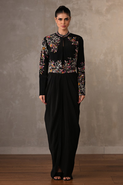 Noir Bloom Embellished Crepe Draped Skirt Set