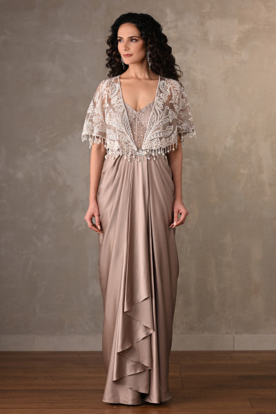 Blush Corset-Style Gown With Embroidered Cape