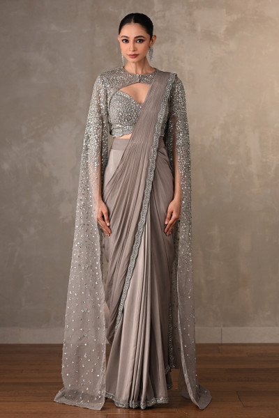 Starlit Silver Drape Saree Set