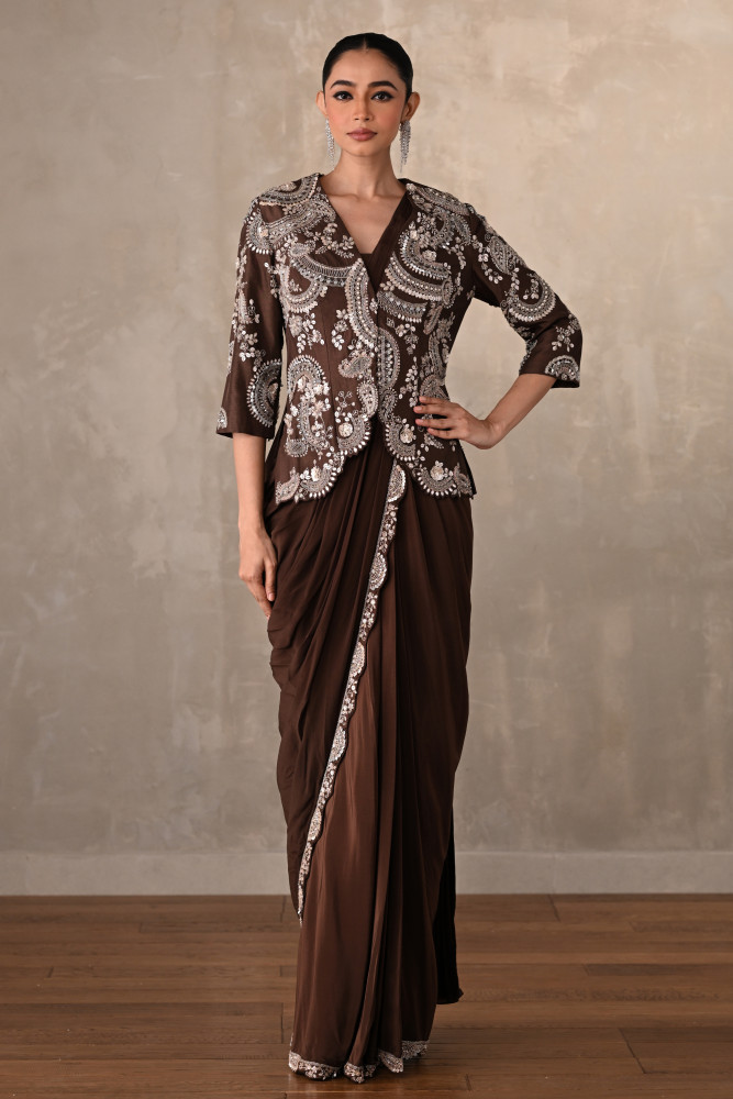 Smoky Crepe Drape Saree With Embroidered Jacket