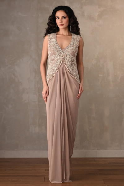 Beige Embellished Gown With Short Jacket