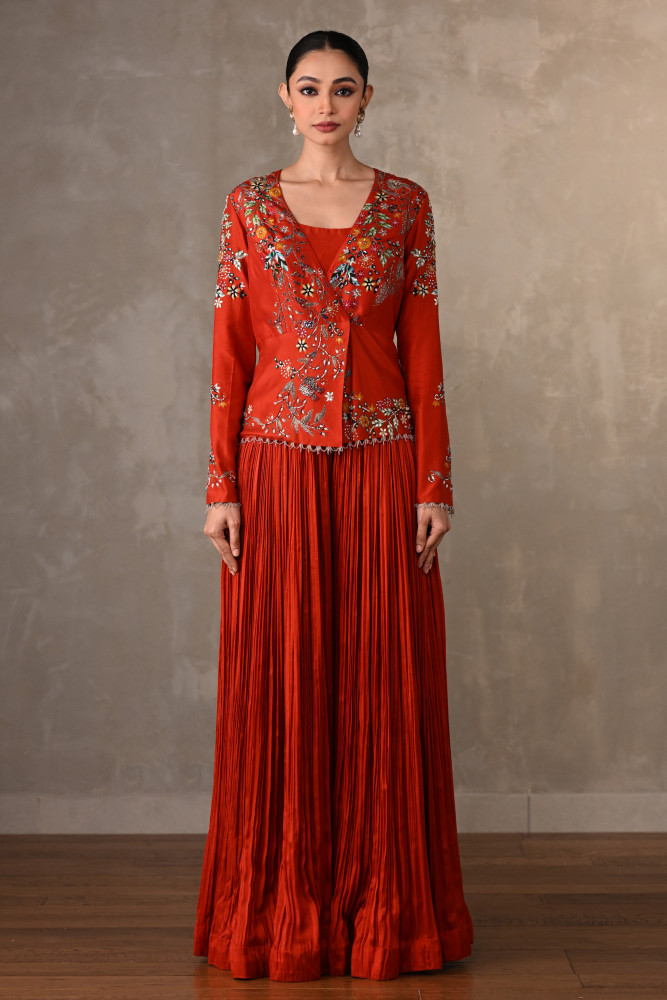 Brick Red Bloom Embellished Jacket With Pleated Pants