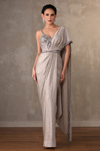 Satin Silver Saree Gown