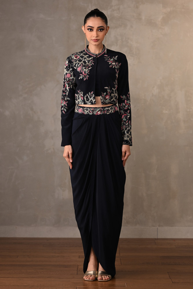 Noir Bloom Embellished Crepe Draped Skirt Set