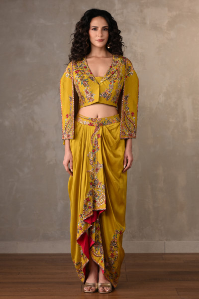 Mustard Marigold Embellished Silk Cropped Jacket Set