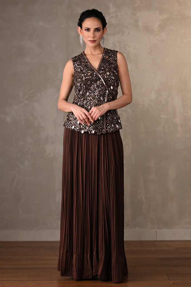 Mocha Radiance Mirror Work Crepe Top With Pleated Pants