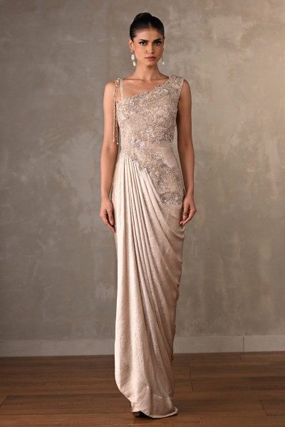 Embellished Satin Drape Gown With Pearl Detailing