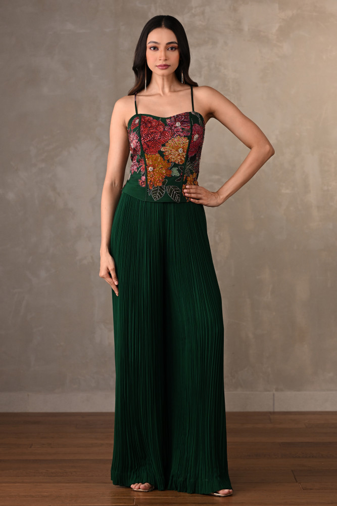 Emerald Bloom Printed Top With Pleated Georgette Pants