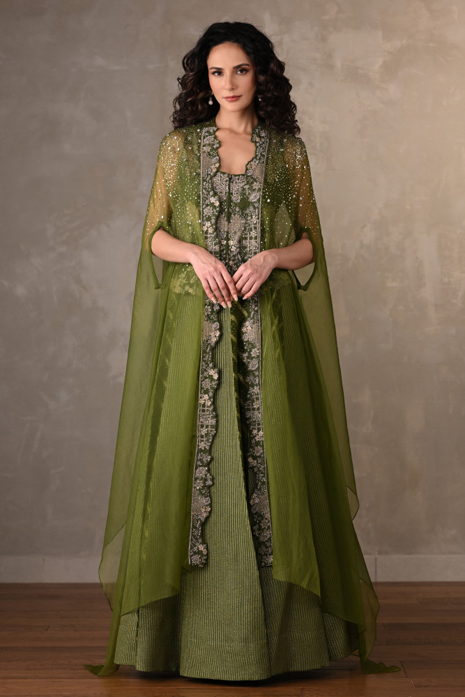 Green Regal Brocade Cape Lehenga Set