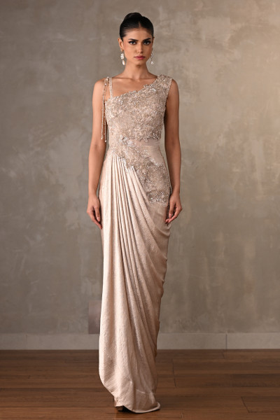 Embellished Satin Drape Gown With Pearl Detailing