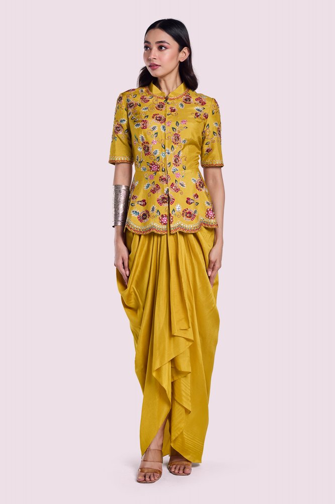 indo western dress latest design Cream Crepe Silk Jacket Style Indo Western Dress