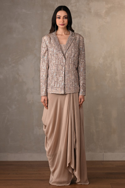 Champagne Mirror Work Jacket Set With Draped Skirt