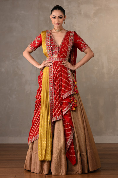 Golden Banarasi Lehenga Set With Double Dupatta