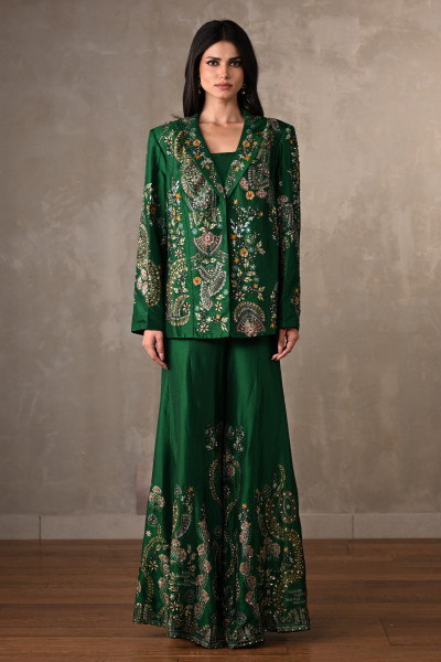 Green Silk Jacket And Sharara Set With Intricate Embroidery