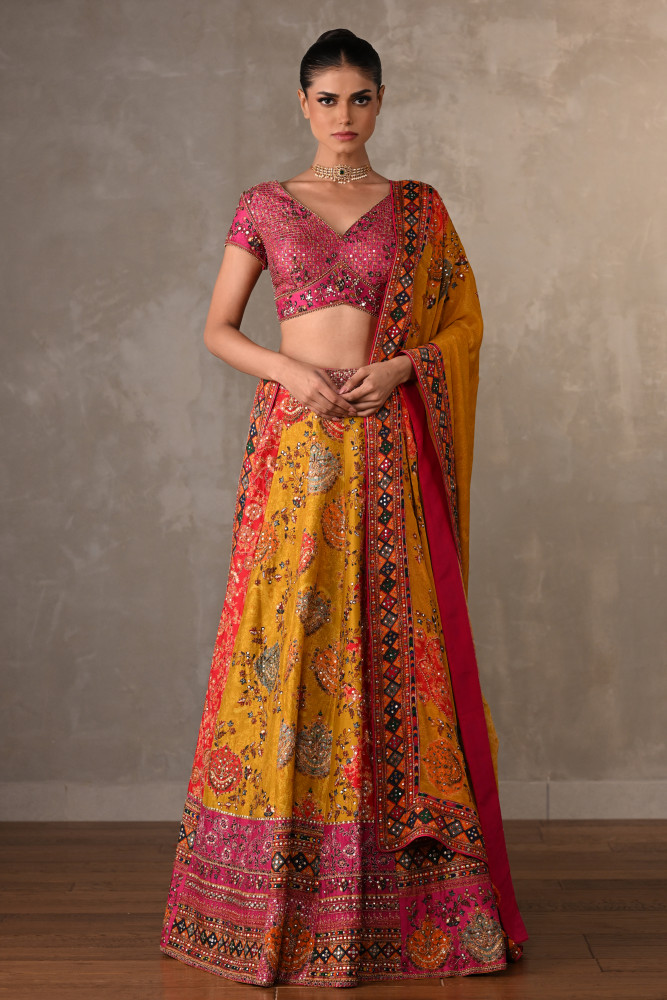 Multicolour Panelled Silk Embroidered Lehenga Set