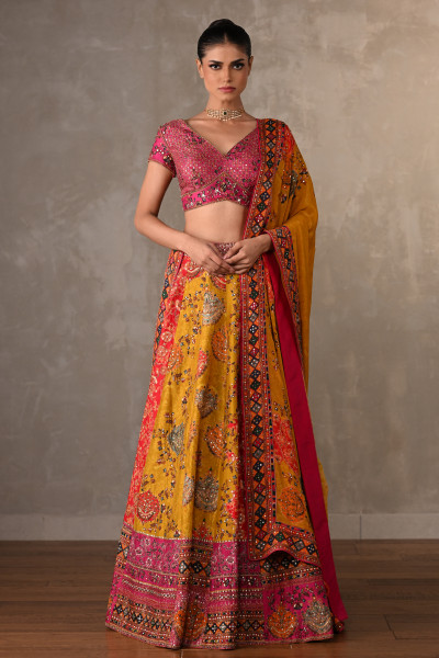 Multicolour Panelled Silk Embroidered Lehenga Set