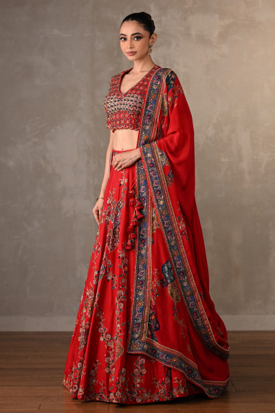 Red Silk Lehenga Set With Thread & Pearl Work
