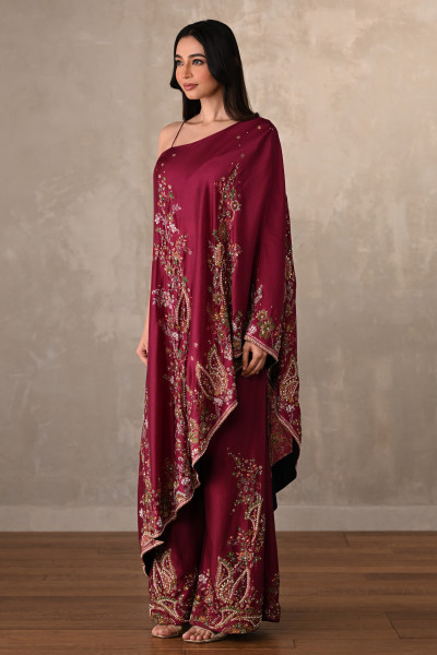 Red Silk One-Shoulder Kurta Set With Embroidered Sharara