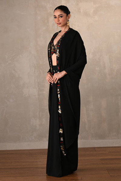 Black Georgette Drape Skirt Set With Embroidered Bralette And Cape