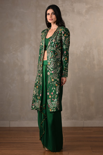 Green Silk Draped Skirt Set With Embroidered Long Jacket