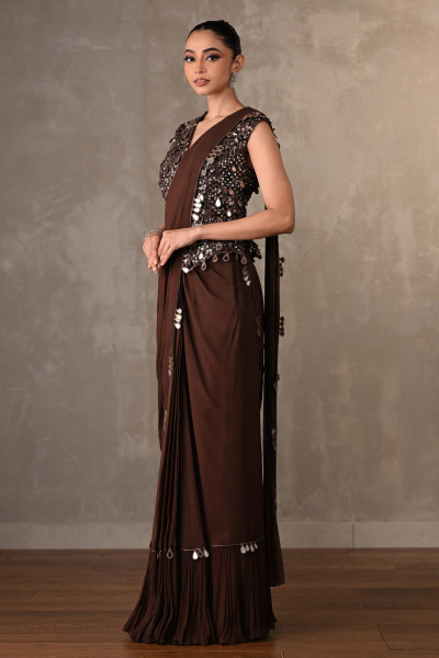 Brown Mirror Work Drape Saree