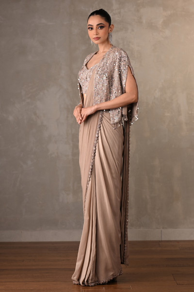 Tone-On-Tone Embroidered Drape Saree With Short Jacket