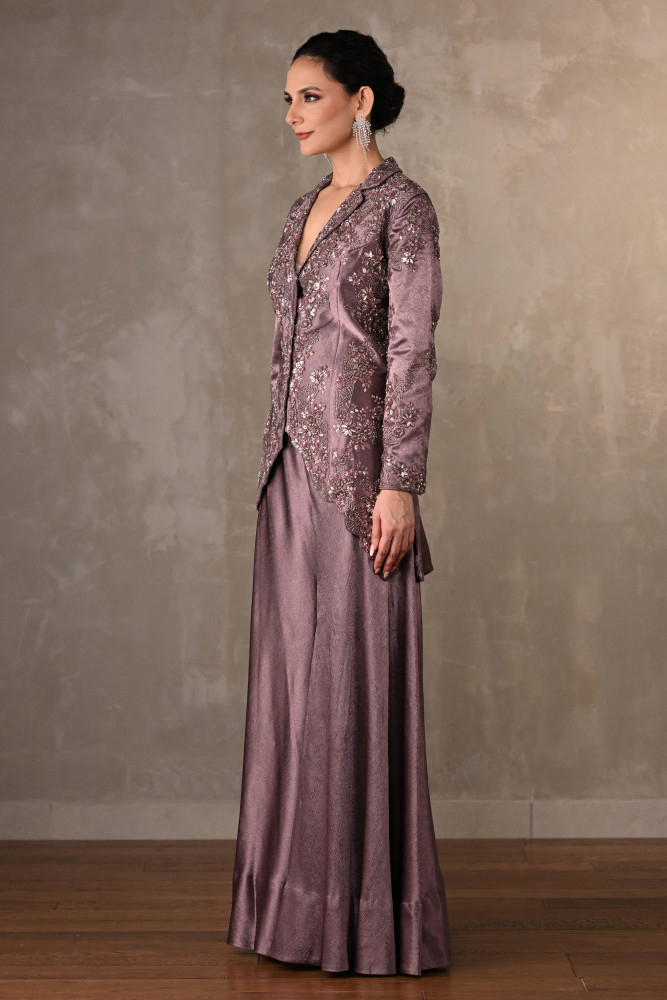 Embroidered Jacket-Sharara Satin Set