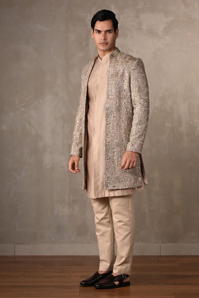 Beige Chanderi Open Jacket Sherwani with Kurta Set