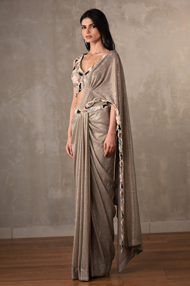 Dusty Grey Embellished Drape Saree Set