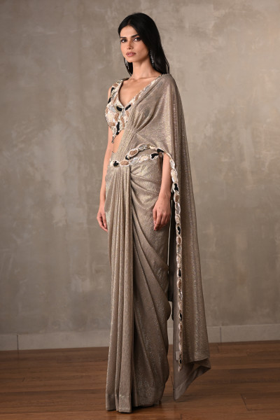 Dusty Grey Embellished Drape Saree Set