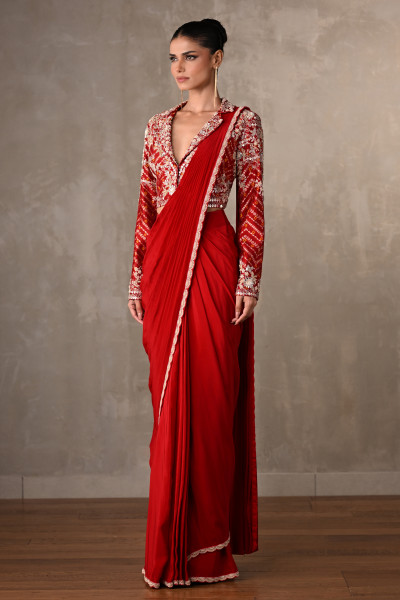 Red Embellished Crepe Drape Saree Set