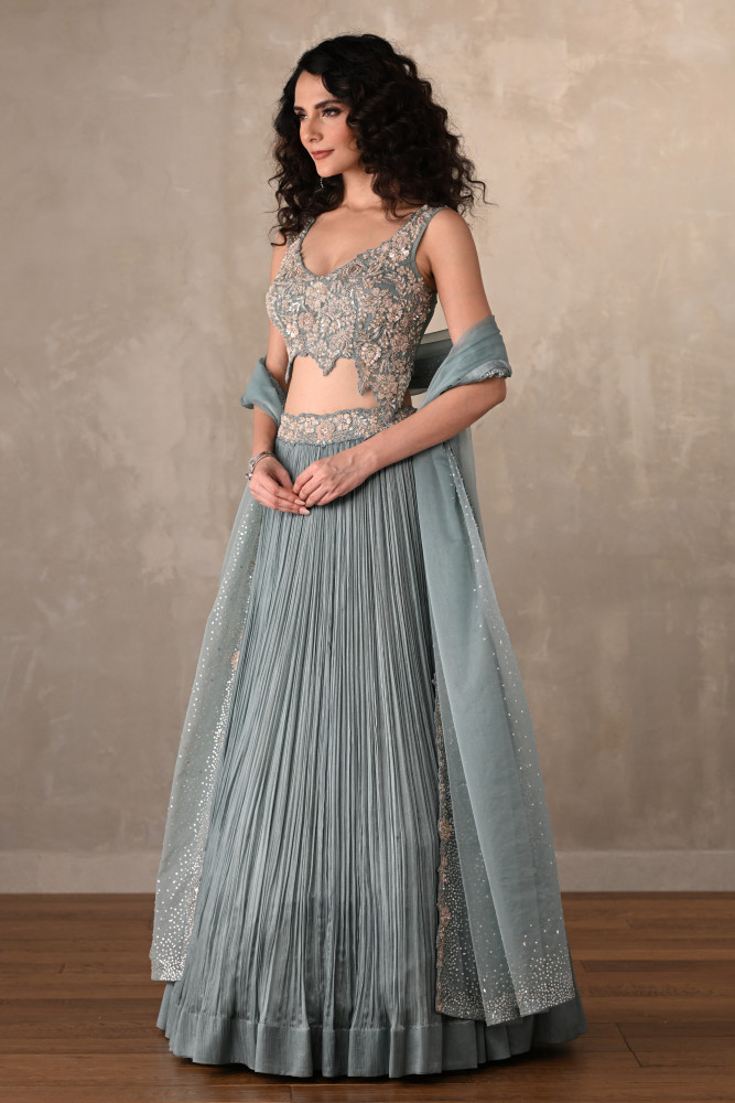 Sky Blue Celeste Satin Chiffon Lehenga Set