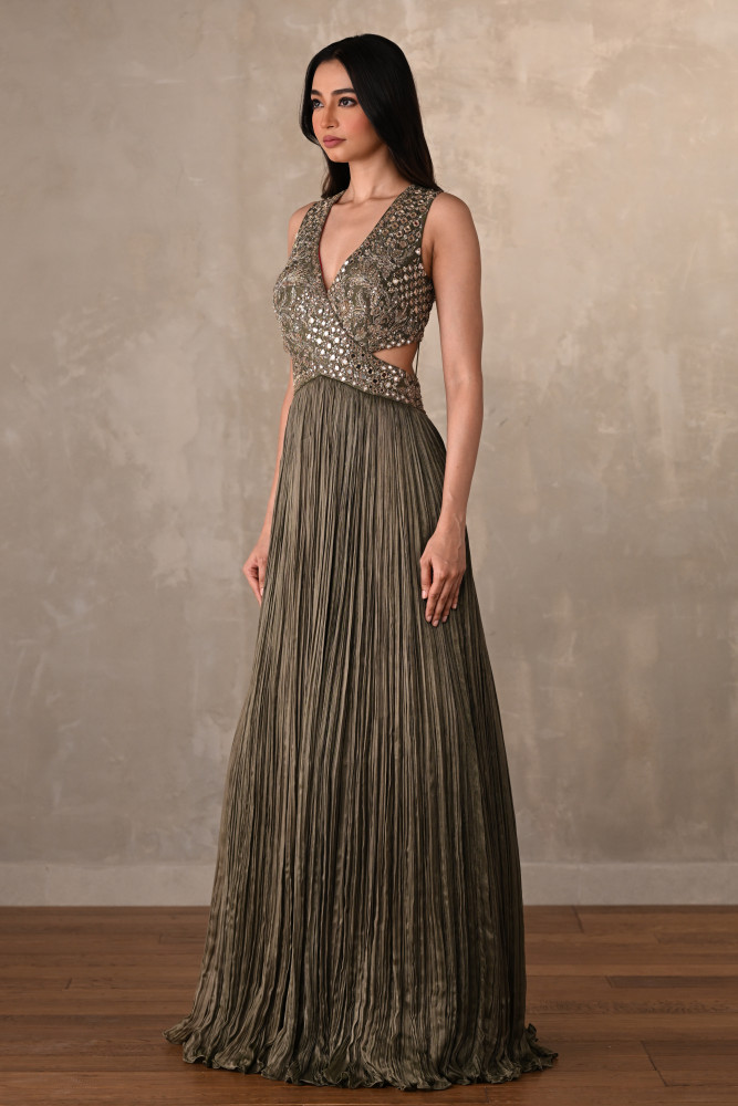 Moss Mirror Embroidered Pleated Gown
