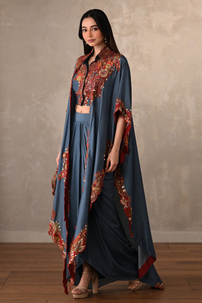 Blue Embroidered Kaftan Shirt & Drape Pant Co-Ord Set