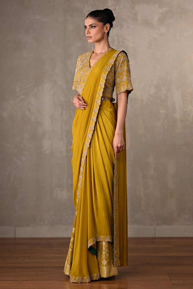 Yellow Embellished Crepe Drape Saree Set